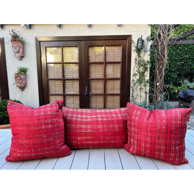 Contemporary Red and Black Custom Down Pillow Made From 19th Century Silk Turban Indian/Turkish Fabric From Pat McGann Gallery For Sale - Image 3 of 9