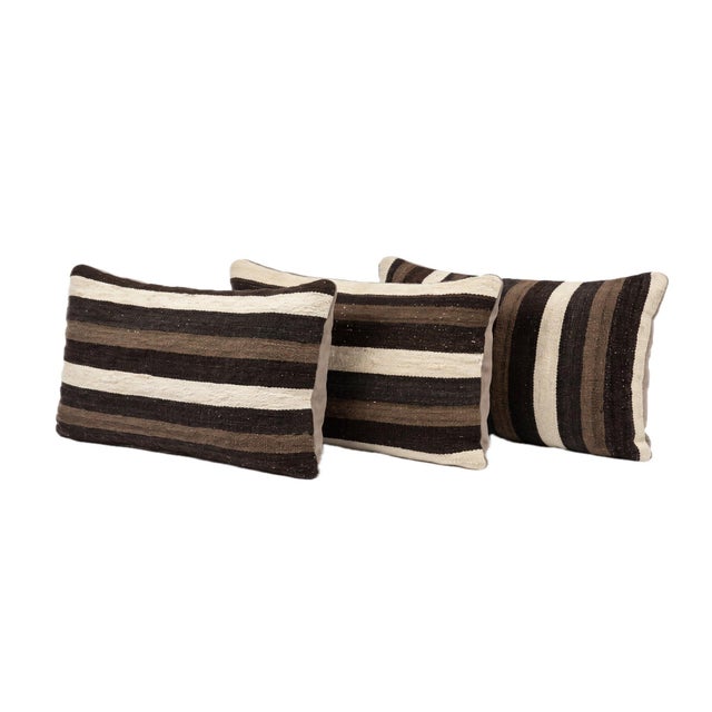 Mid-Century Modern Brown Striped Kilim Pillow Cover 16'' X 24'' - Set of Three For Sale - Image 3 of 4
