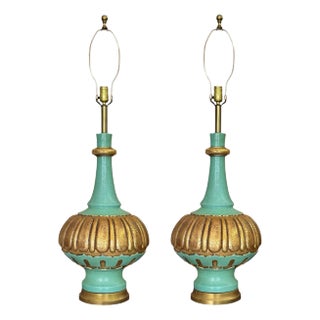 1960s Table Lamps in Turquoise and Gilt by Fortune Lamp Company - A Pair For Sale