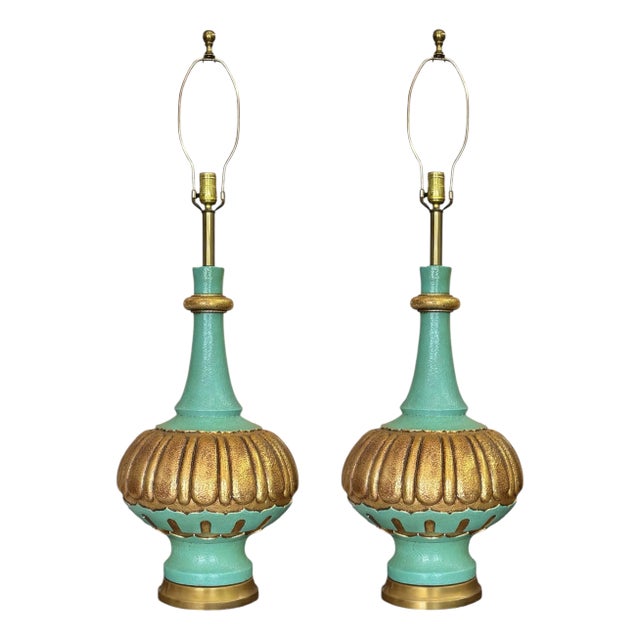 1960s Table Lamps in Turquoise and Gilt by Fortune Lamp Company - A Pair For Sale