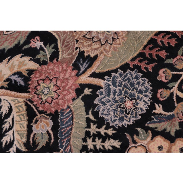 Shabby Chic Floral 1990's Pak-Persian Black/Black Wool Round Rug - 8'1'' X 8'5'' For Sale In New York - Image 6 of 9