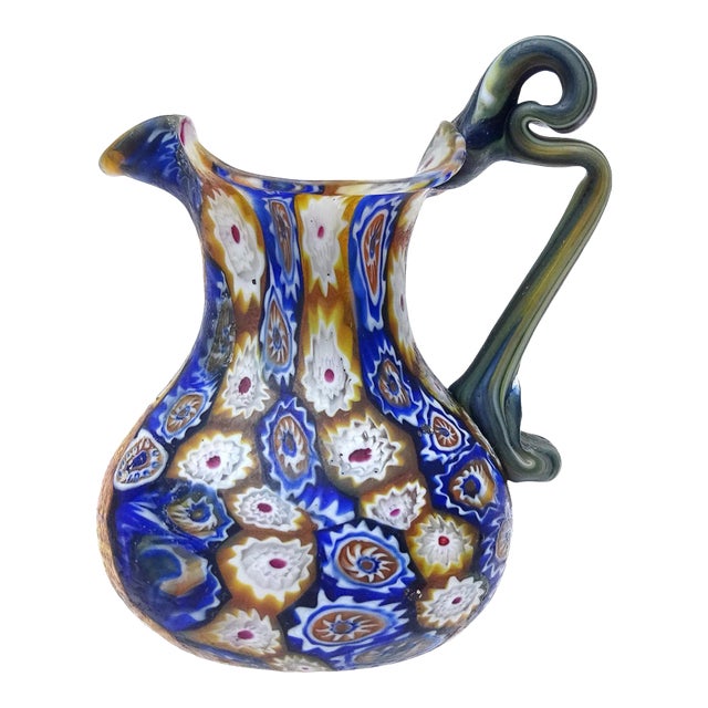 Fratelli Toso Murano Millefiori Flowers Antique Italian Art Glass Ornate Handle Cabinet Vase Pitcher For Sale