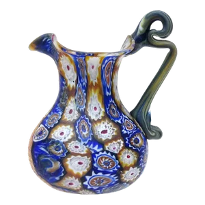 Fratelli Toso Murano Millefiori Flowers Antique Italian Art Glass Ornate Handle Cabinet Vase Pitcher