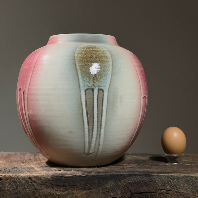 Pink Vintage Postmodern Japanese Pink Crackle Glazed Vase, Stamped For Sale - Image 8 of 9