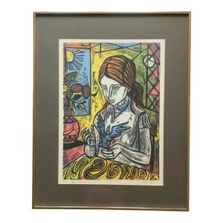 Mid 20th Century "Bluebird" Original Expressionist Figurative Lithograph by Irving Amen, Framed For Sale