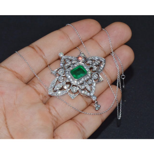 Vintage Art Deco GIA Natural 6.91Cts VS F Diamond Emerald 18K Solid Gold 950 Platinum Pendant Necklace For Sale - Image 10 of 10