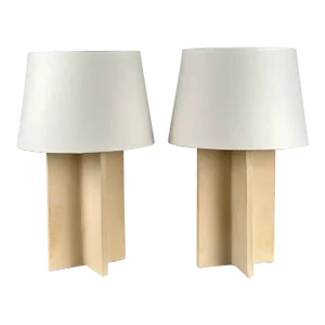 Pair of 'Croisillon' Cream Ceramic Lamps With Parchment Shades by Design Frères