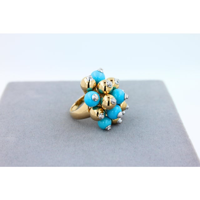Blue Turquoise Diamonds Golden Spheres Balls Christmas Bells Motif 18k Gold Ring, Size 7 For Sale In Washington DC - Image 6 of 18