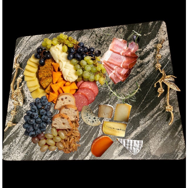 Metal Contemporary One-of-a-Kind Seafoam Black Marble & Brass Hardware - Serving Platter 16"x20" - With Gauri Kohli Marble Knives Included For Sale - Image 7 of 9