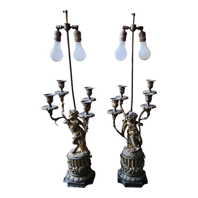 Large 19th Century Dore Bronze Putti 4 Light Candelabra Coverted Into Lamps - A Pair For Sale