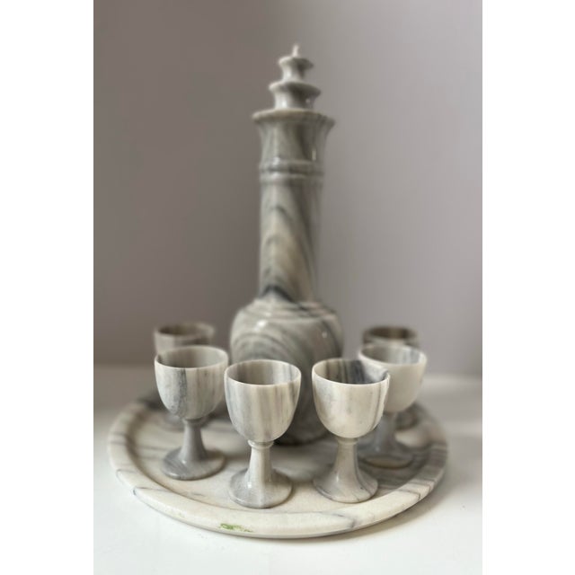 1980s Vintage Gray Marble Sake Liquor Cordial Set Tray and Glasses Set- 8 Pieces For Sale - Image 5 of 10