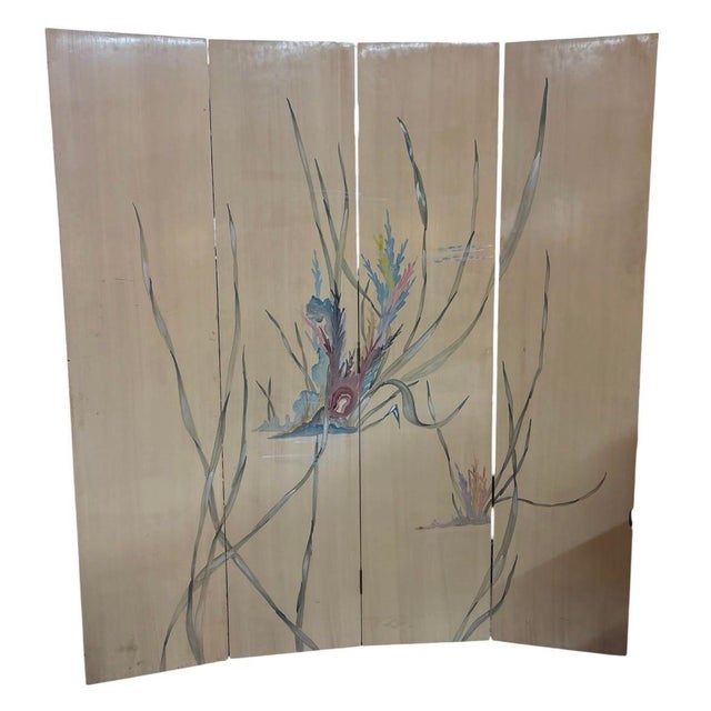 1980s Four-Panel Hand-Painted Wooden Room Divider Screen For Sale - Image 11 of 11