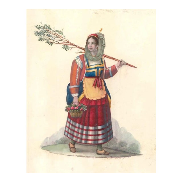 Woman with Flowers - Watercolor by M. De Vito - 1820 ca. 1820 c.a. For Sale