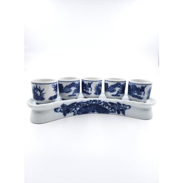 Ceramic Vintage Vietnamese Blue & White Dragon & Yin-Yang Porcelain 5 Shot Glass Set With Matching Stand For Sale - Image 7 of 8