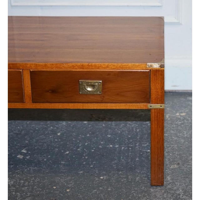 Vintage Military Campaign Yew Wood and Brass 3 Drawer Coffee Table For Sale - Image 6 of 14