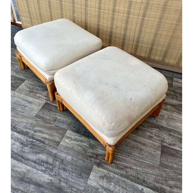 Ralph Lauren A Pair of Polo Ralph Lauren Coastal Style Rattan Ottomans/ Footstools. Circa 1980s For Sale - Image 4 of 12