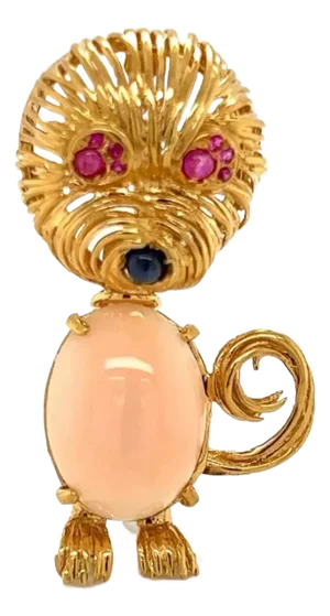 Coral Ruby & Sapphire 18k Yellow Gold Cat Brooch Pin