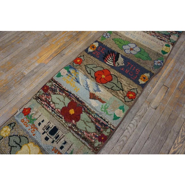 1940s Multicolor Pictorial Floral Folk Art Antique American Hooked Rug 2' 6''x12' 2'' Wool Runner Carpet For Sale In New York - Image 6 of 11