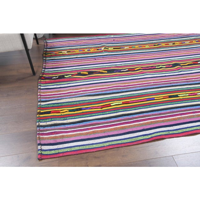 Vintage Turkish Oushak Handmade Wool Cotton Pink Kilim Area Rug For Sale - Image 10 of 11