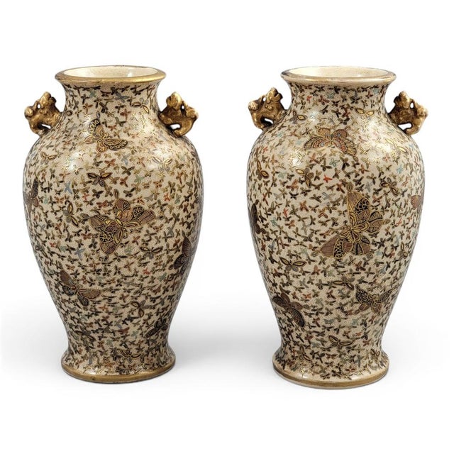 Japanese Satsuma Thousand Butterflies Vases by Kinzan, Set of 2 For Sale - Image 14 of 14