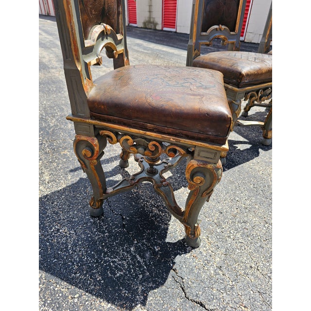 Wood Set of Late 20th Century 3 Italian Baroque Revival Hand-Painted & Tooled Leather Side Chairs For Sale - Image 7 of 7