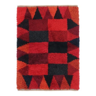 Vintage Swedish Rya Rug, Red and Black Geometric Pattern - Rug & Kilim For Sale