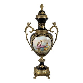 Antique French Amphora Vase in Porcelain and Brass For Sale