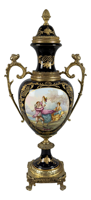 Antique French Amphora Vase in Porcelain and Brass