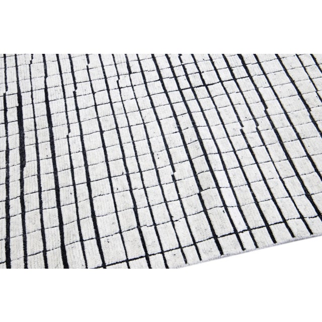 Geometric Modern Moroccan Style White & Black Handmade Wool Rug For Sale - Image 9 of 11
