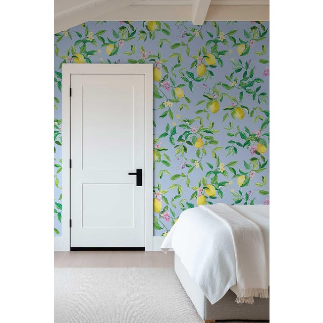 Limoncello Floral & Lemon Grasscloth Wallpaper by House Party | Mediterranean Blue | 8 Yards For Sale - Image 4 of 7