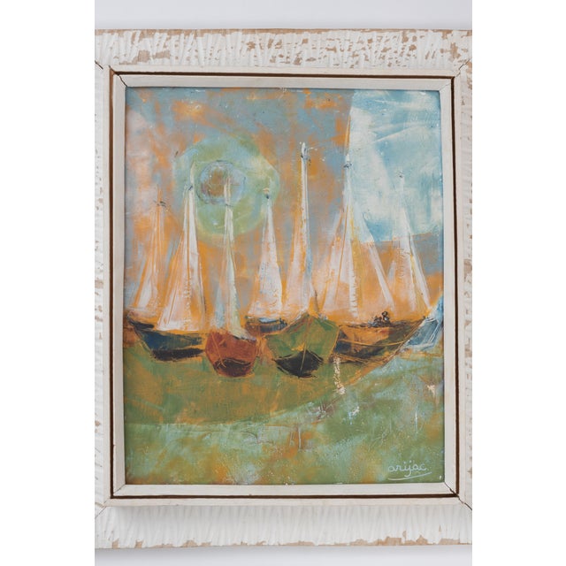 "La Ratroche" giclee painting signed Arijac, c. 1960's. La Ratroche is an area of Gonaives Bay, Haiti, where the artist...