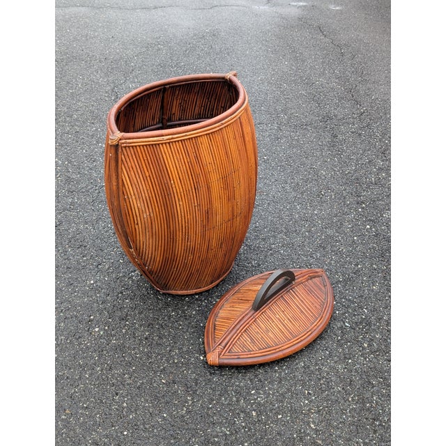 Gabriella Crespi Vintage Pencil Reed Rattan Oval Lidded Basket, Coastal Organic Modern Floor Hamper For Sale - Image 4 of 11