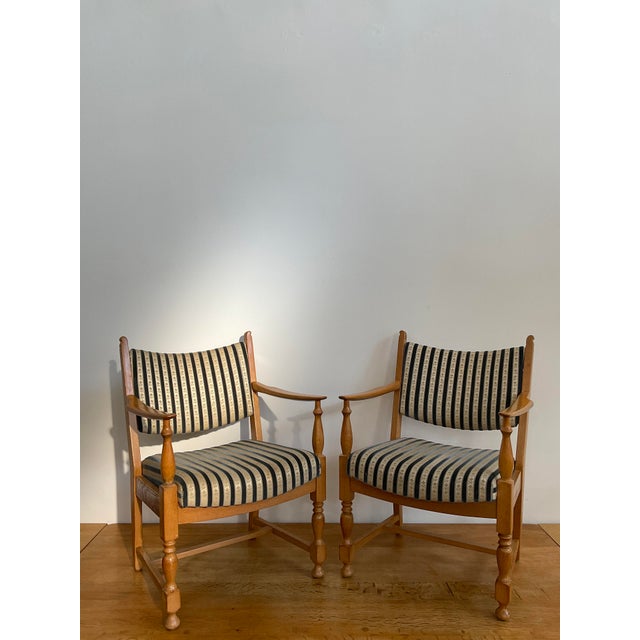 Pair of Mid-Century Scandinavian Modern Beech Lounge Chairs in Striped Upholstery For Sale - Image 9 of 17