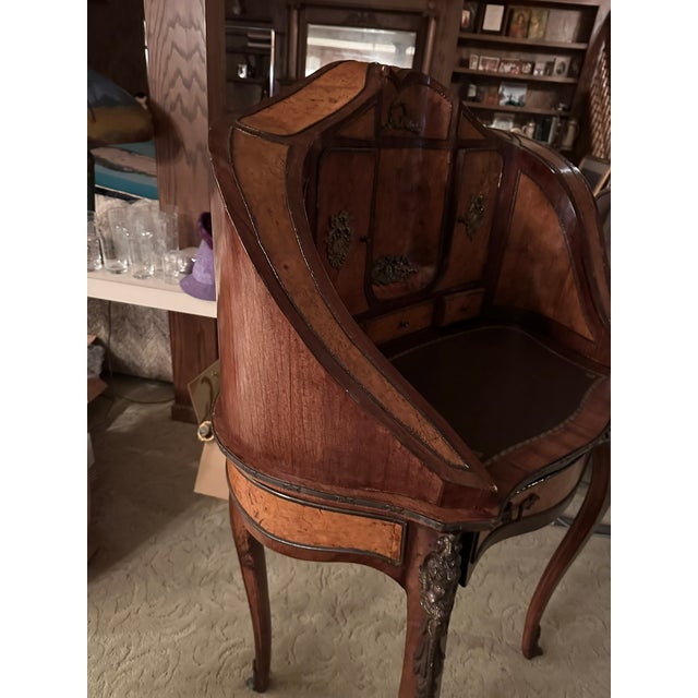 Antique French-Style Writing Desk With Ornate Carvings & Inlaid Wood For Sale - Image 9 of 14