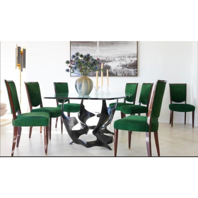 Set of Eight Jules Leleu Dining Chairs, Newly Restored in Emerald Bouclé For Sale - Image 11 of 12