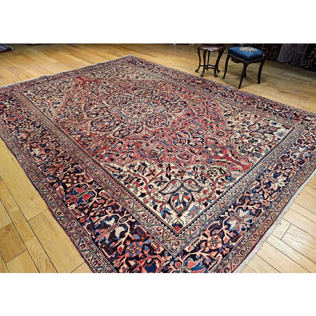 Persian Vintage Persian Heriz Rug, Hand-Knotted Wool, Geometric Medallion Pattern, Red & Ivory, 10x13 For Sale - Image 3 of 16