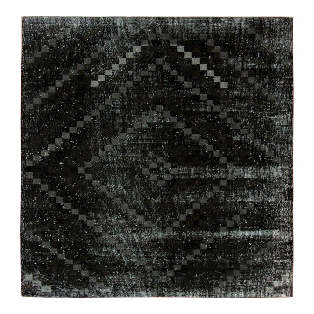 1960s Vintage Art Deco Rug in Charcoal Black & Gray Geometric Pattern For Sale
