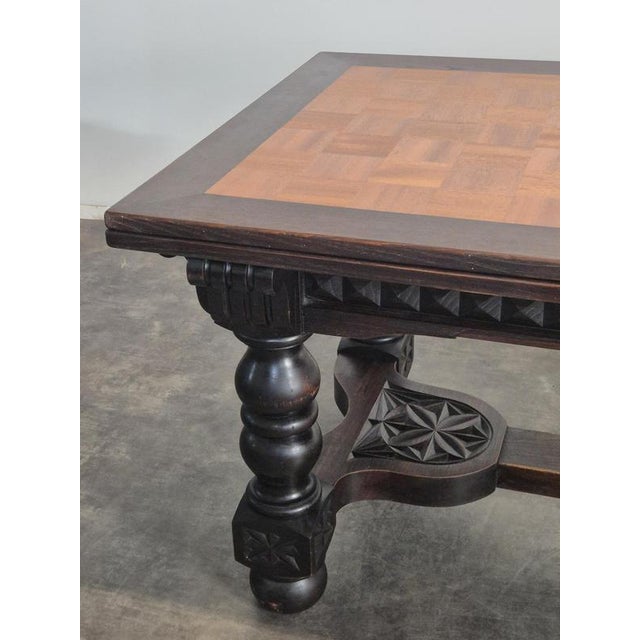 Breton Extendable Table in Carved Oak with Parquet Top For Sale - Image 9 of 14