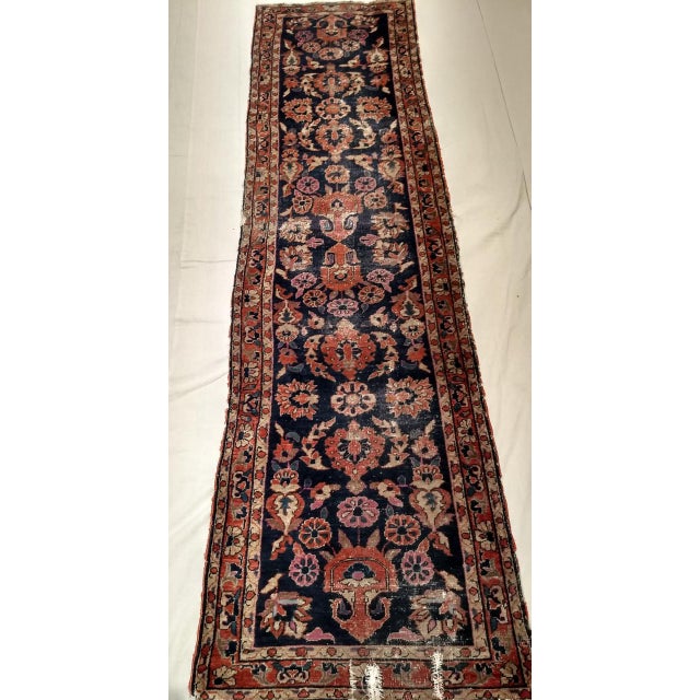 Antique Persian Sarouk Lilian Runner Rug, Hand-Knotted Wool, Floral Pattern, Navy & Red, 3x9 For Sale - Image 10 of 12