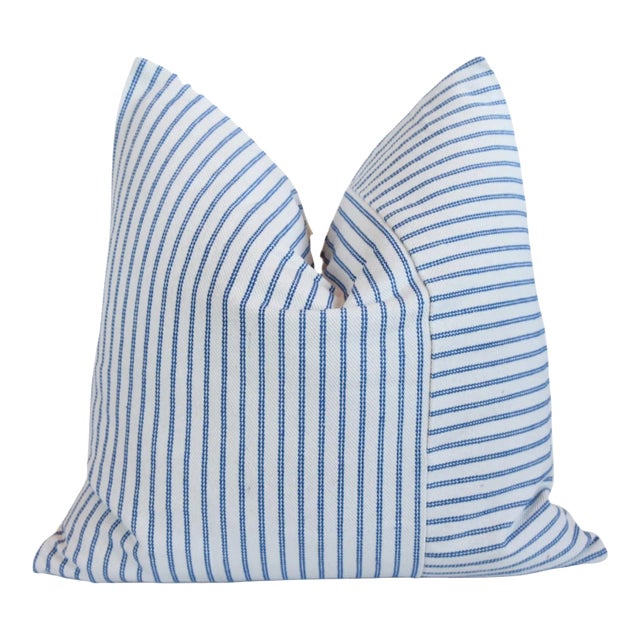 French Blue & White Striped Farmhouse Nautical Coastal Feather/Down Pillow 20” Square For Sale
