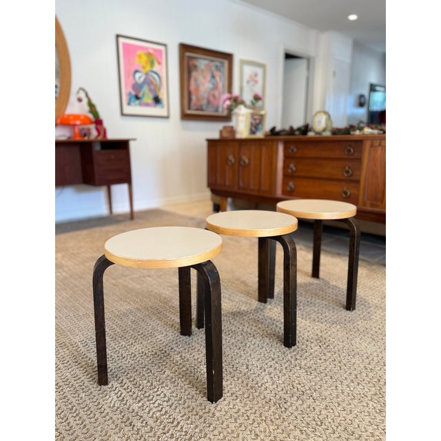 Italian A Set of 3 Italian Bentwood Stools by Alvar Aalto for Armtek, Circa 2017. The “E60” Model. For Sale - Image 3 of 12