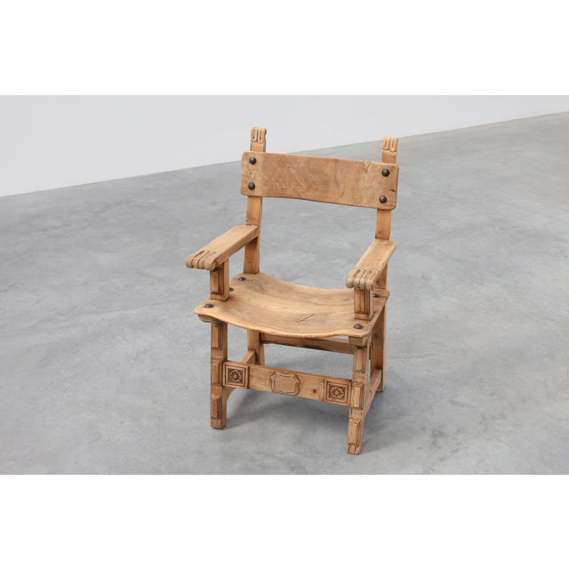 Brown Brutalist Armchair with Carved Rosettes and Nailed Wooden Seat, Spain, 1950s For Sale - Image 8 of 16