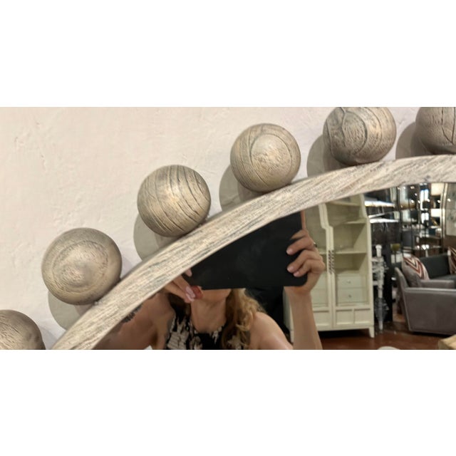 Stylish Organic Modern Aged Ivory Finished Wood Bal Cyra Wall Mirror, showroom floor sample