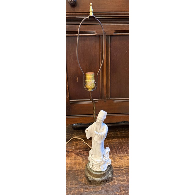Chinoiserie Vintage Chinese Blanc De Chine-Style Porcelain Scholar Figural Table Lamp For Sale - Image 3 of 11