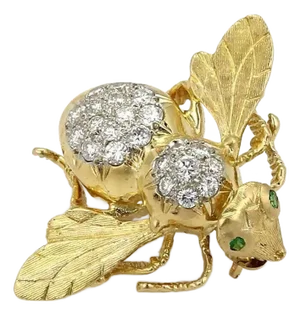 Diamonds & Emerald Bee 18k Yellow Gold Pin Brooch