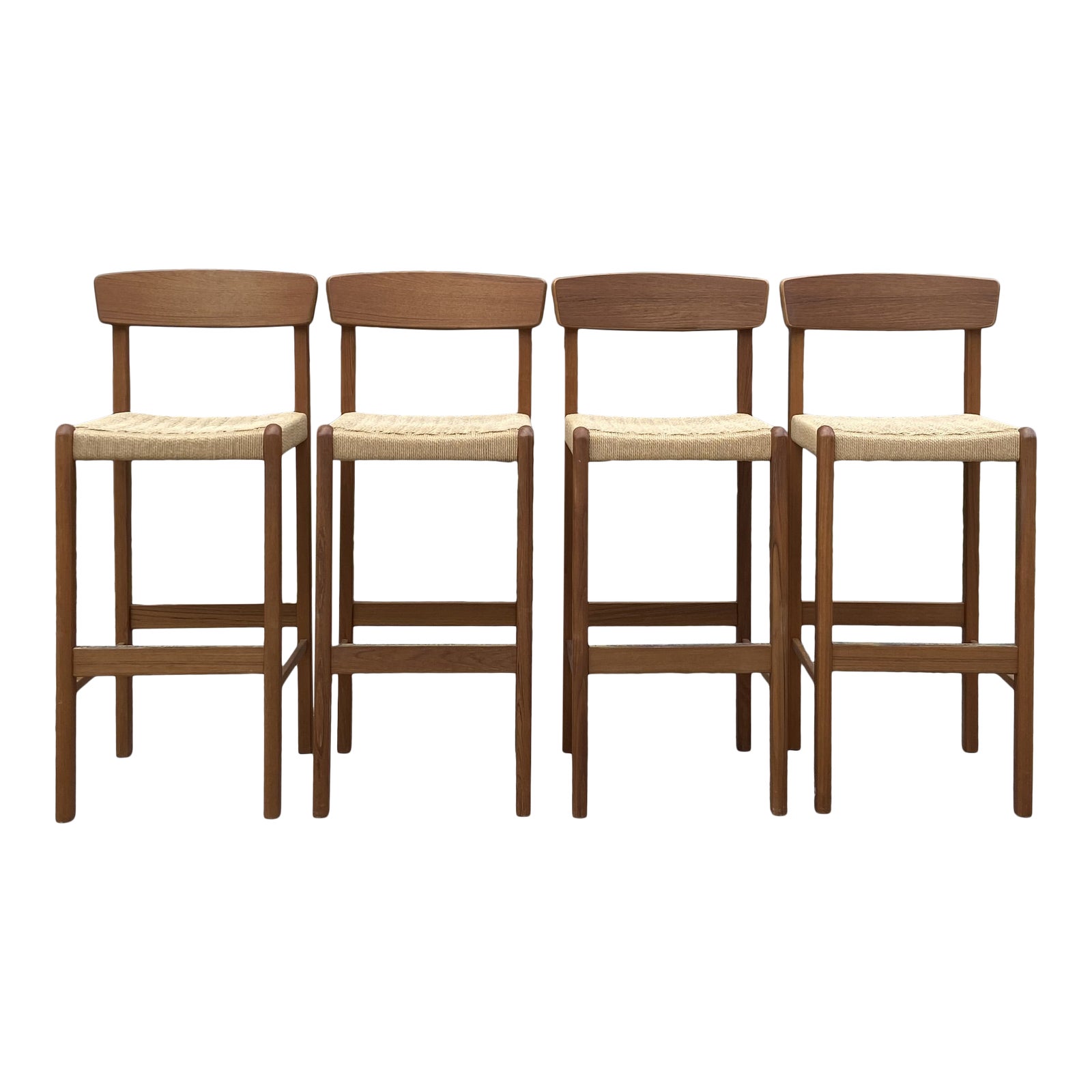 Vintage Mid Century Teak Bar Stools With Jute Wrapped Seats and BrassLined Foot Rest Set of 4