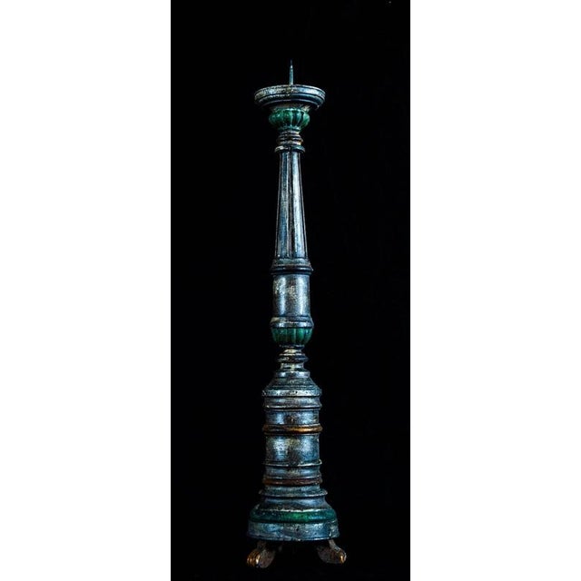 Antique Polychrome Turned Wood Pricket Candlestick on Tripod Base For Sale - Image 4 of 12