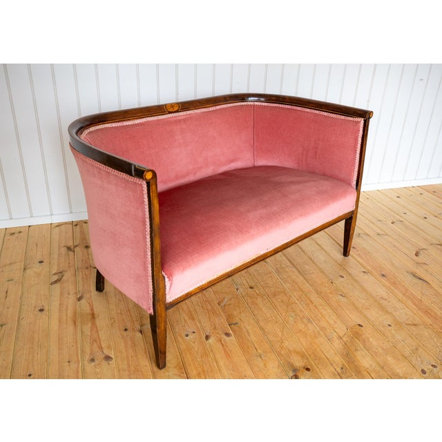 Antique Art Nouveau Edwardian Mahogany Barrel Back 2-Seater Settee Sofa, 1910s For Sale - Image 14 of 18