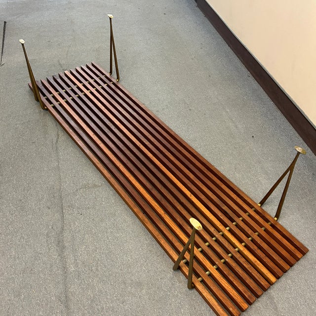 Wood 1960s Mid Century Brass + Walnut Slat Bench by Hugh Acton For Sale - Image 7 of 11
