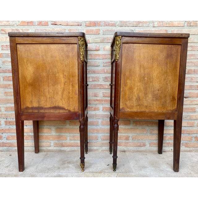 1940s Pair of French Empire Style Wood Nightstands With Inlay and Bronze Mounts For Sale - Image 10 of 11
